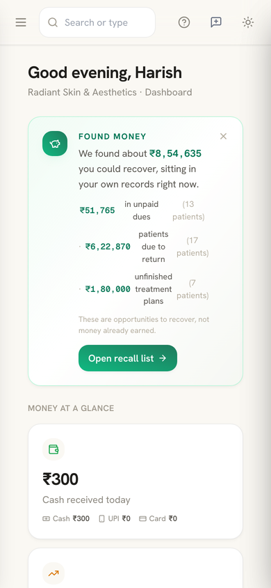 The CaWe dashboard on a mobile phone, with stat cards stacked for a small screen.